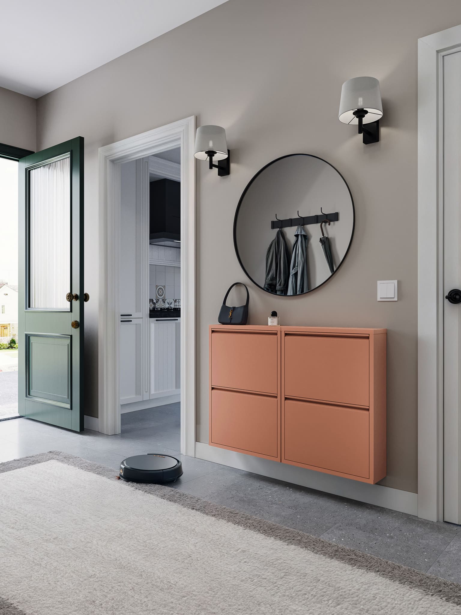 Trendy schoenenkast in sfeervolle hal